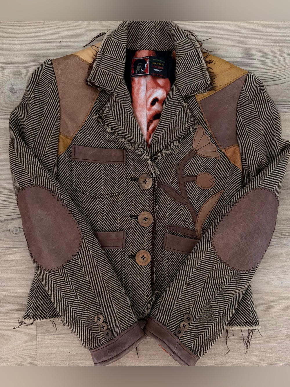 Vintage- Bob Marley Leather Patched Tweed Blazer Bob Marley Silk Lining